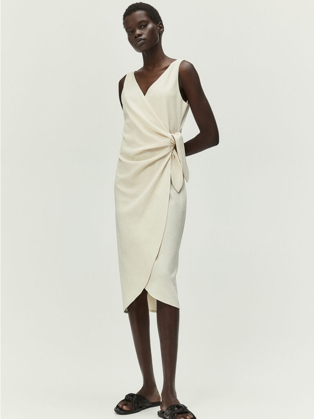 H&M Cream Sleeveless Wrap Midi Dress with Side Tie